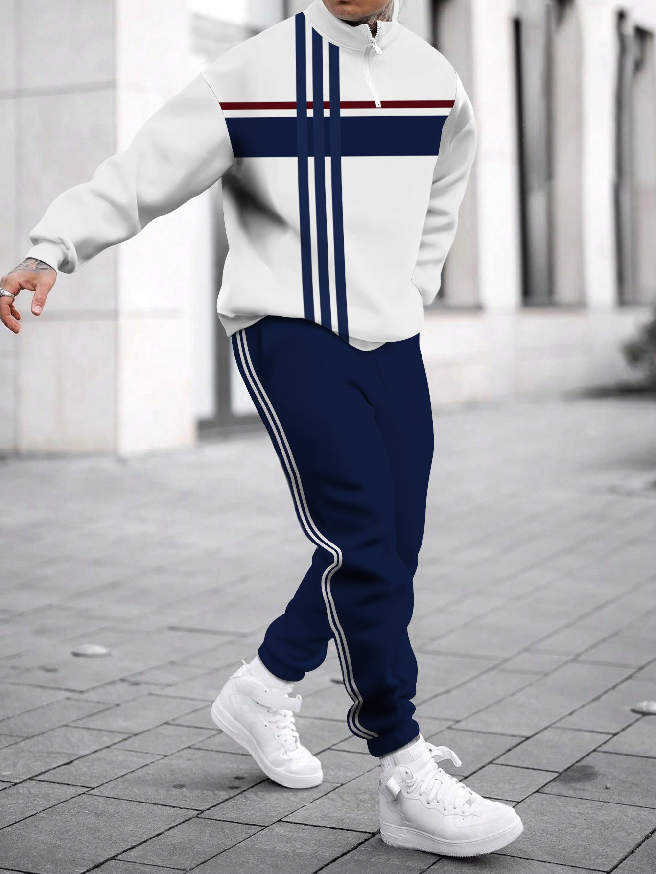 Blue Strip Printed Long Sleeve Stand Collar Zip-up Sweatshirt Two-Piece Set for Man