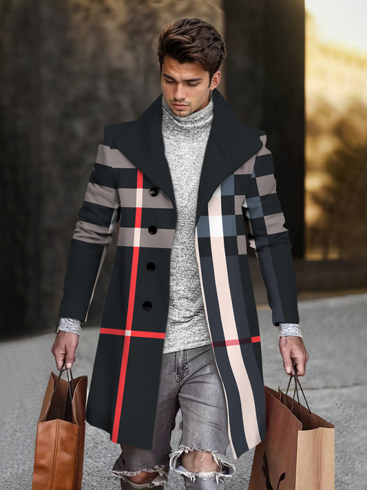 Men's Contrast Strip Color Grey Black Geometric Print Mid-length Coat