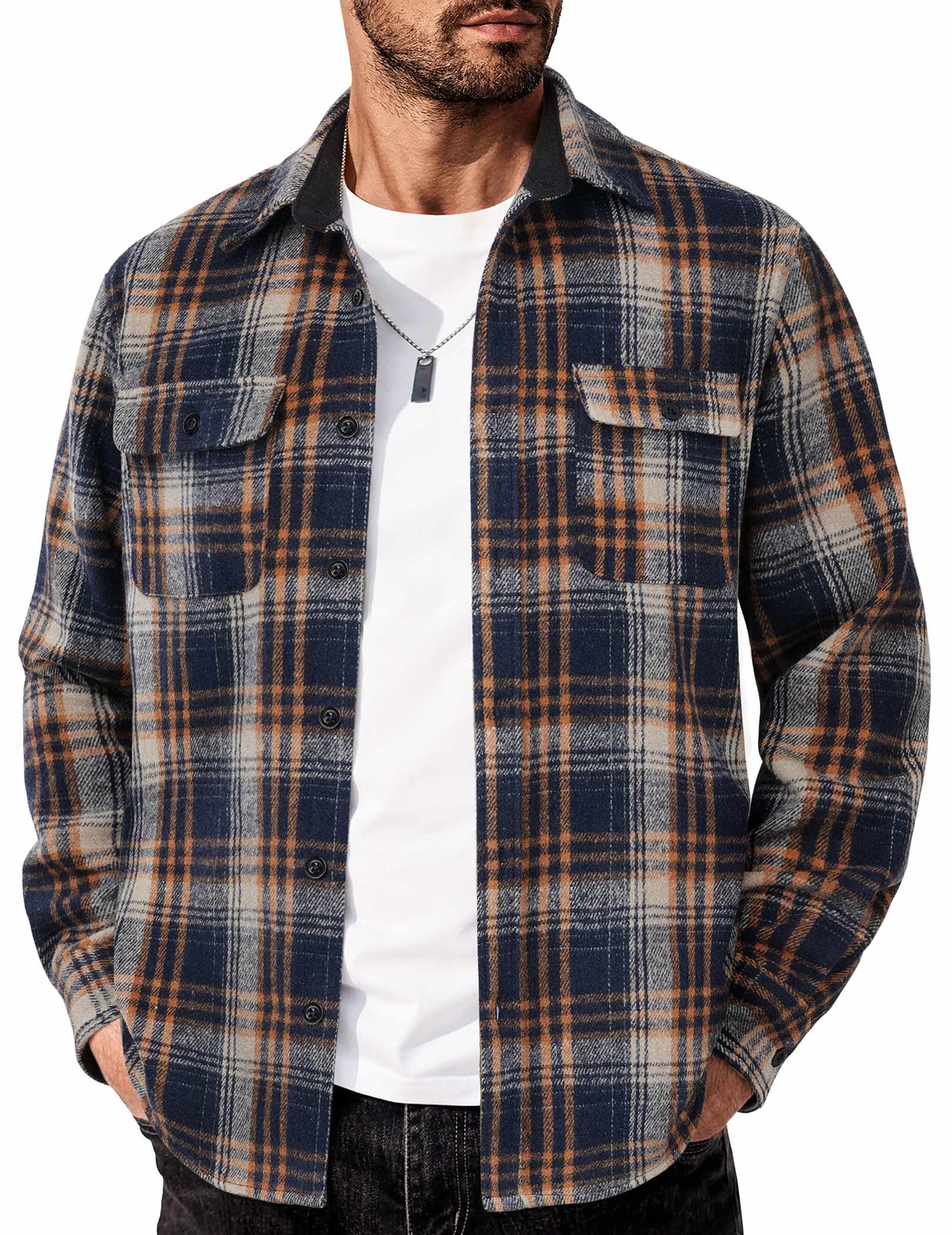 Mens Casual Cotton Flannel Shirt Long Sleeve Plaid Shirt Jacket
