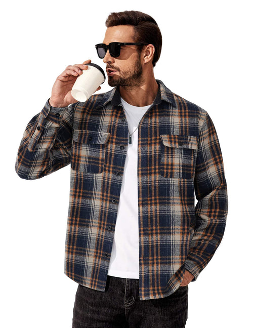 Mens Casual Cotton Flannel Shirt Long Sleeve Plaid Shirt Jacket