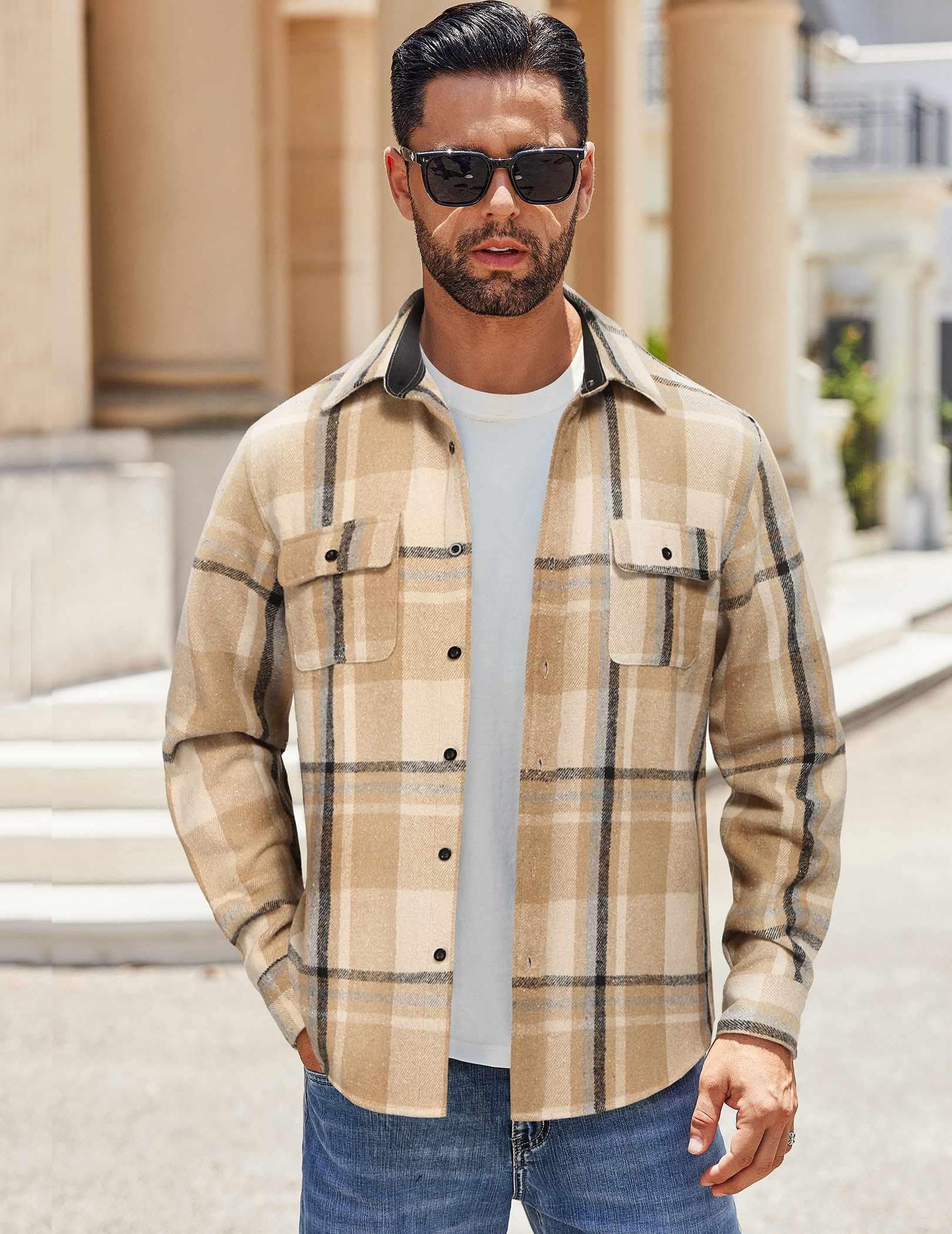 Mens Long Sleeve Flannel Shirt Jacket Cotton Plaid Casual Workwear