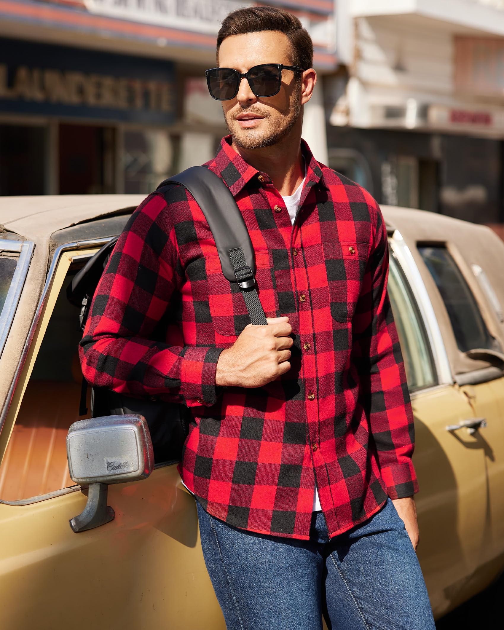 Men’s Plaid Flannel Shirt Long Sleeve Cotton Button Down with Pockets Red