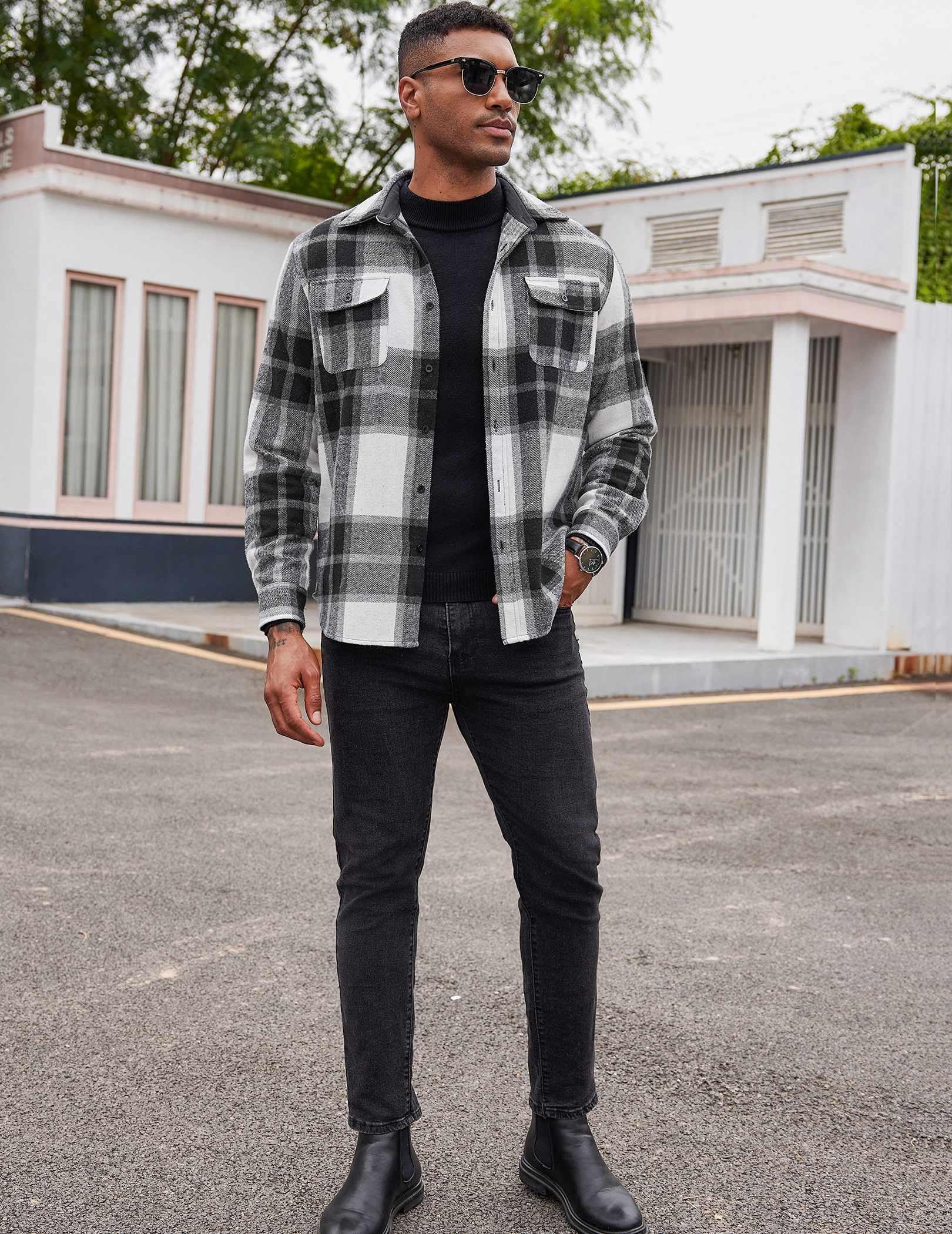 Mens Flannel Cotton Shirt Long Sleeve Plaid Button Down Casual Shirt