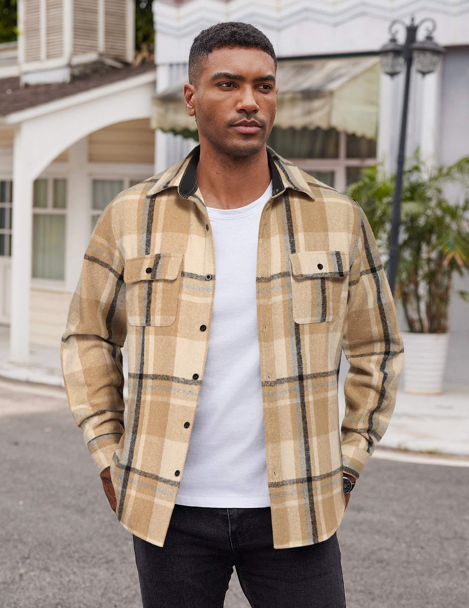 Mens Long Sleeve Flannel Shirt Jacket Cotton Plaid Casual Workwear
