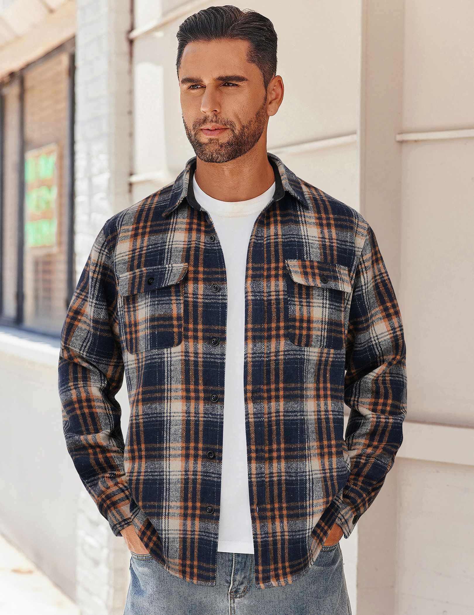 Mens Casual Cotton Flannel Shirt Long Sleeve Plaid Shirt Jacket