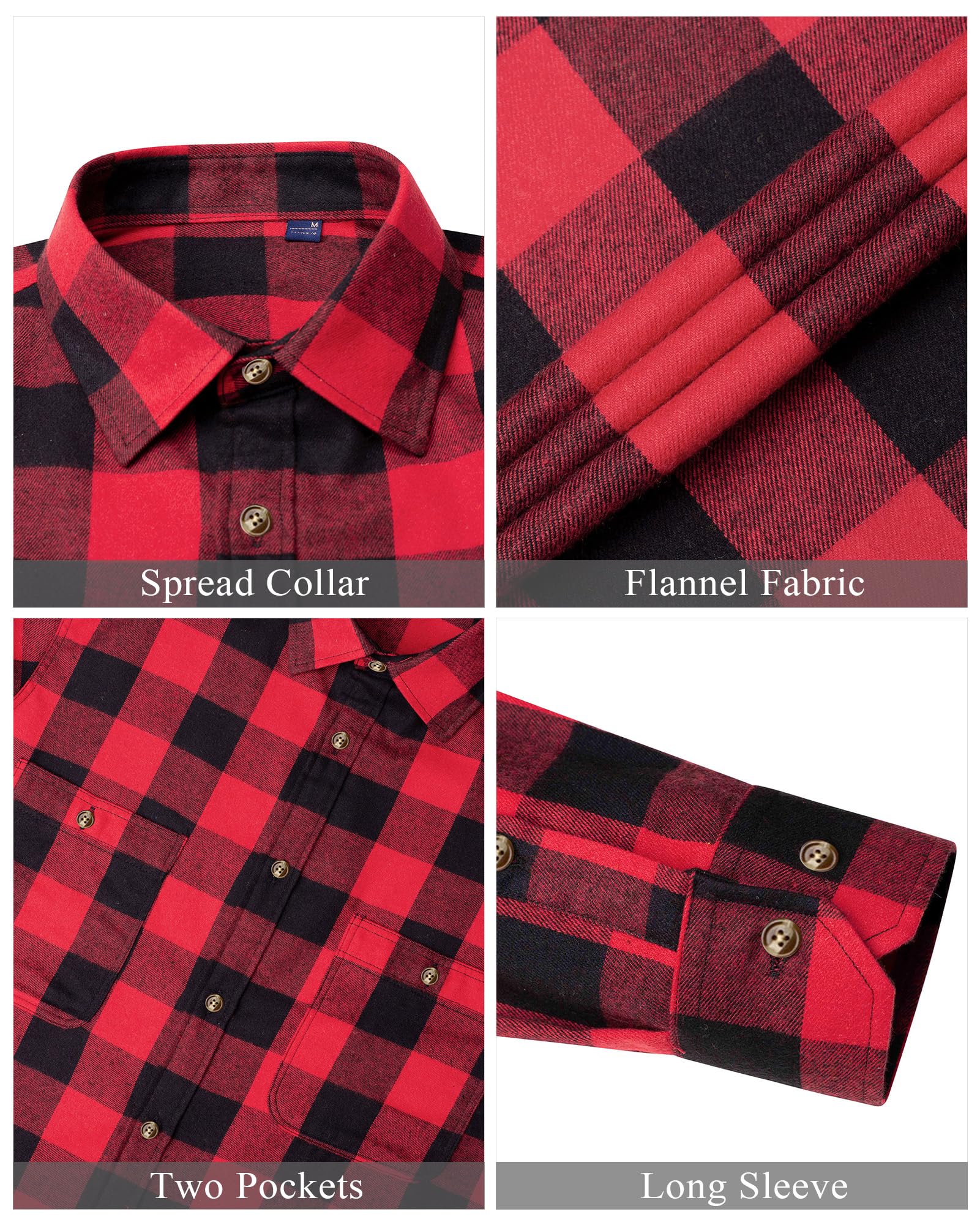 Men’s Plaid Flannel Shirt Long Sleeve Cotton Button Down with Pockets Red