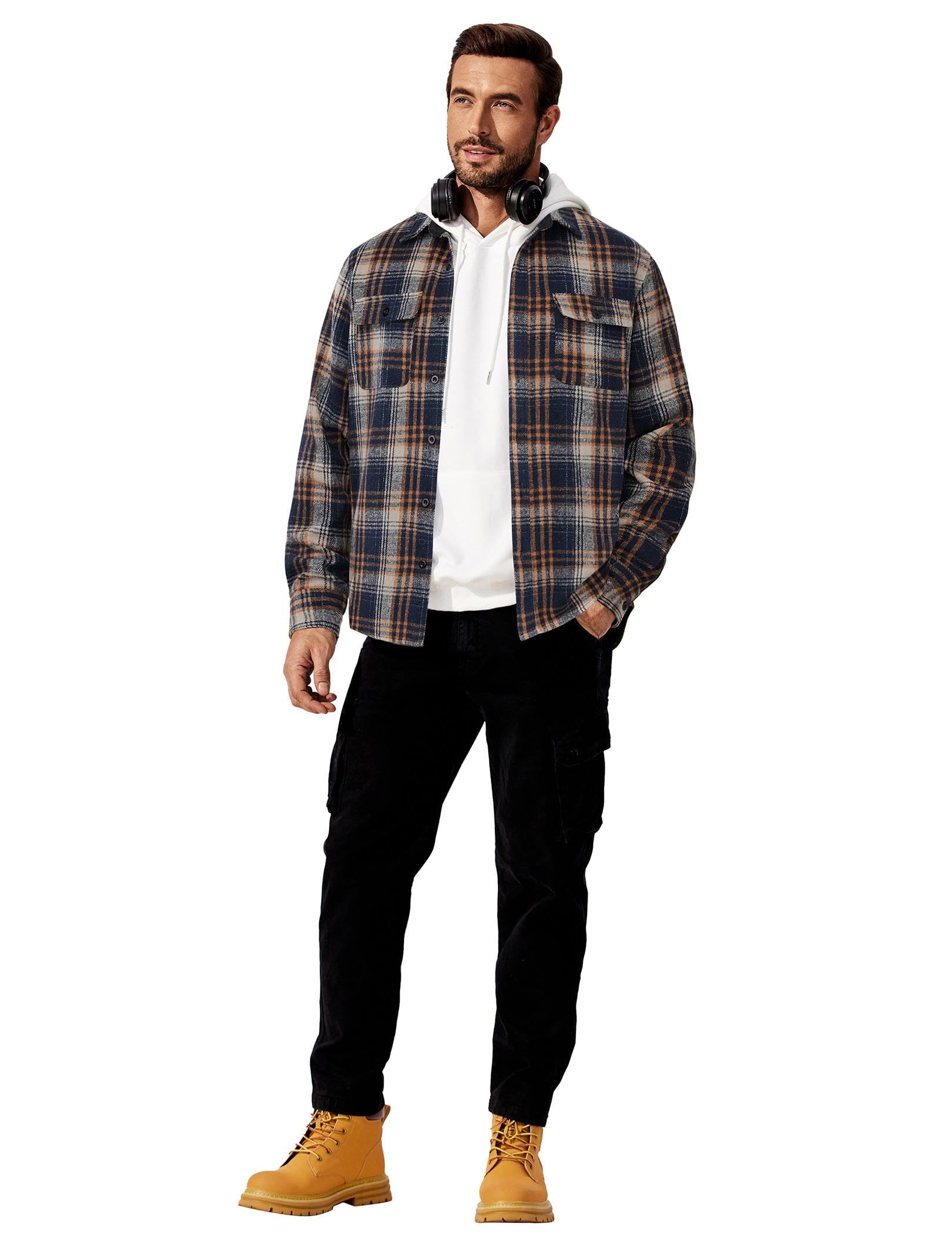 Mens Casual Cotton Flannel Shirt Long Sleeve Plaid Shirt Jacket