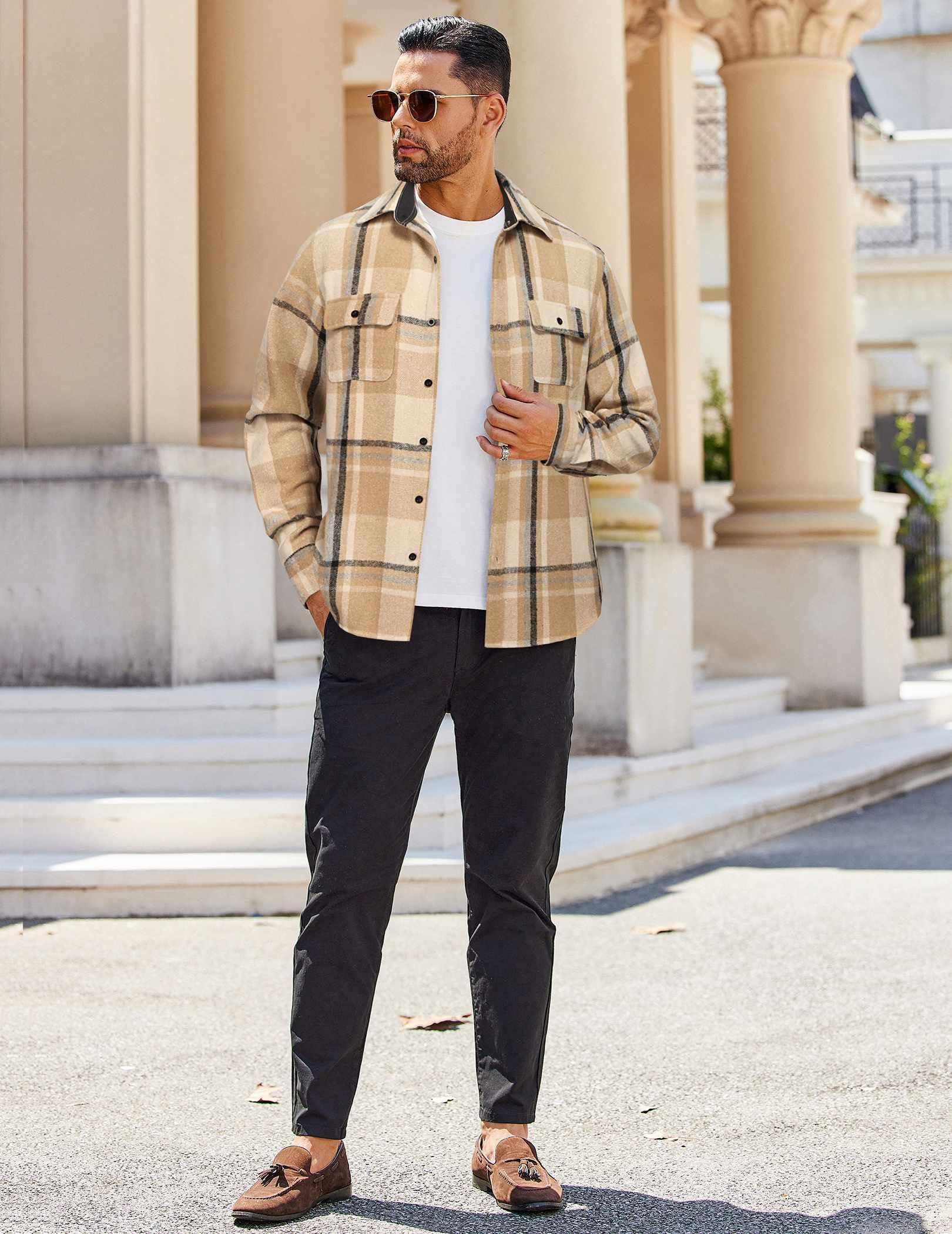 Mens Long Sleeve Flannel Shirt Jacket Cotton Plaid Casual Workwear