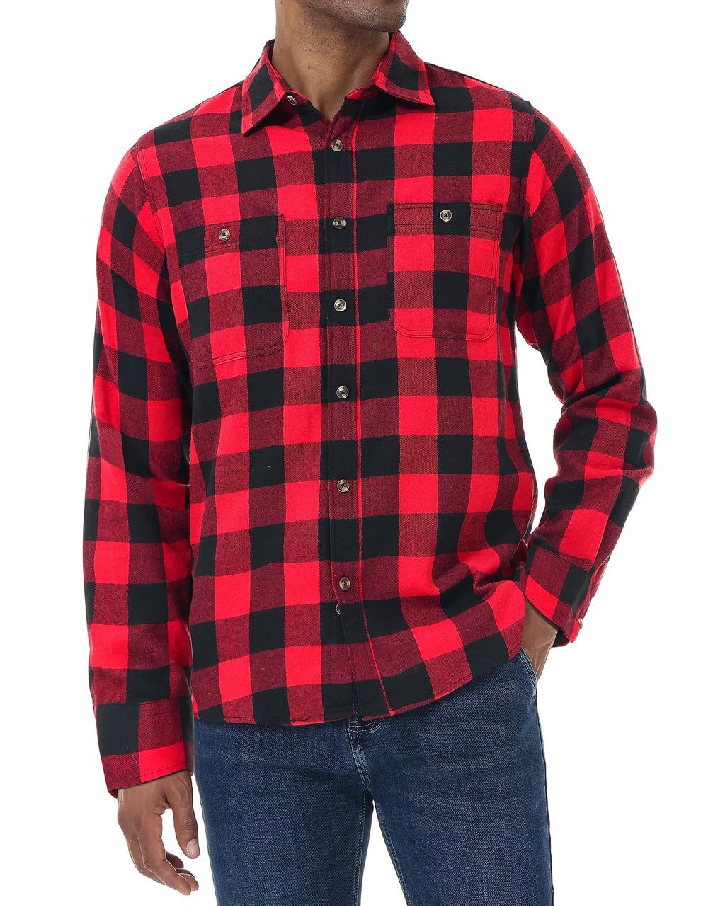 Men’s Plaid Flannel Shirt Long Sleeve Cotton Button Down with Pockets Red
