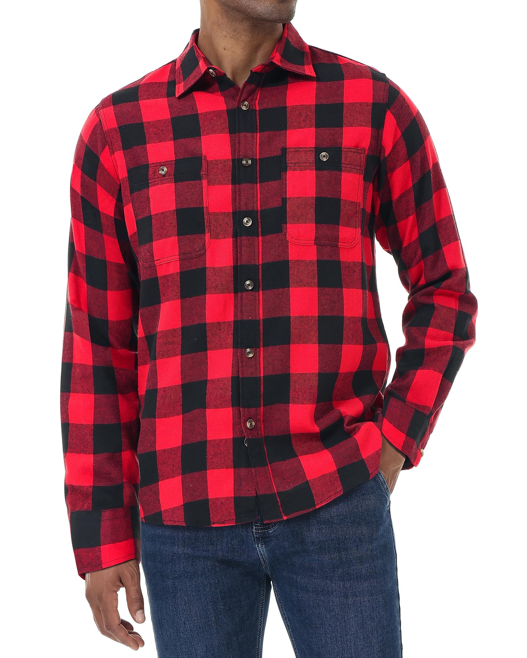 Men’s Plaid Flannel Shirt Long Sleeve Cotton Button Down with Pockets Red