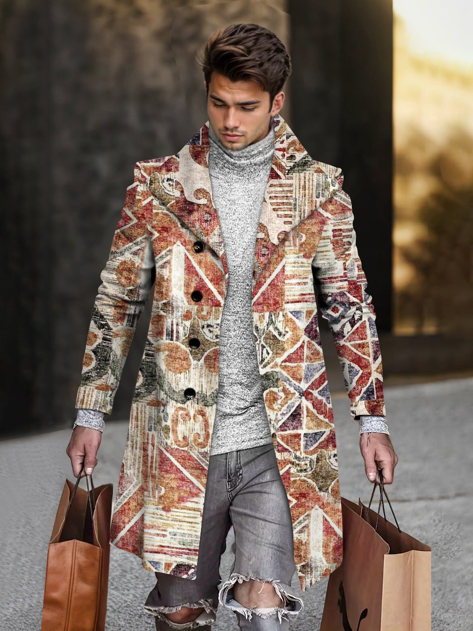 Men's Mix Brown Geometric Print Mid-length Coat