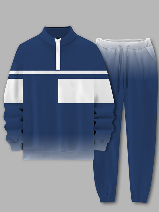 Men's White Strip Blue Printed Long Sleeve Stand Collar Zip-up Sweatshirt Two-Piece Set