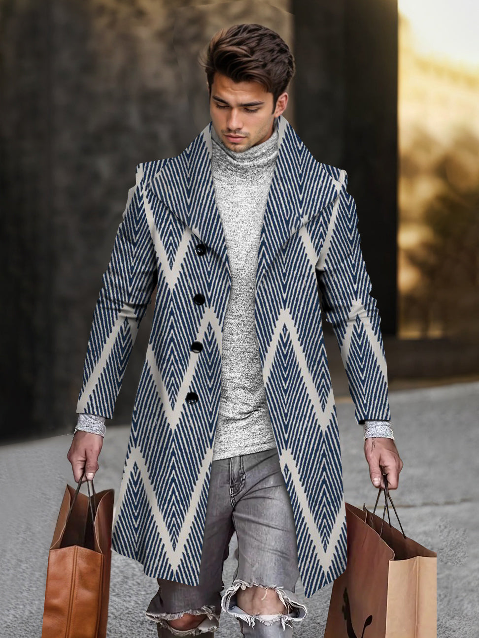 Men's White Strip Geometric Print Mid-length Long Sleeve Coat