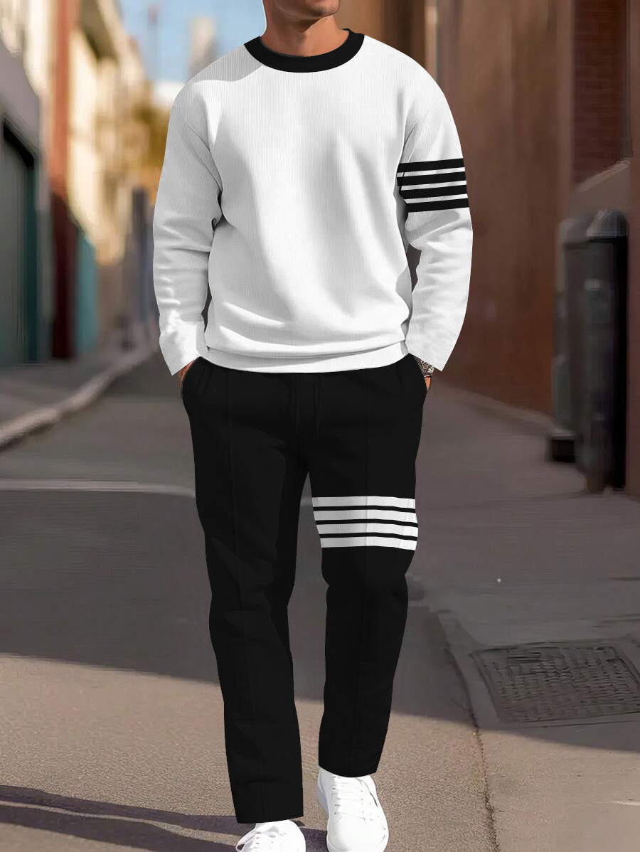 Men's 2pcs Black White Printed Long Sleeve Crew-Neck Sweatshirt with Pants