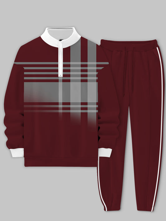 Men's Red Grey Block Printed Long Sleeve Stand Collar Zip-up Sweatshirt Two-Piece Set