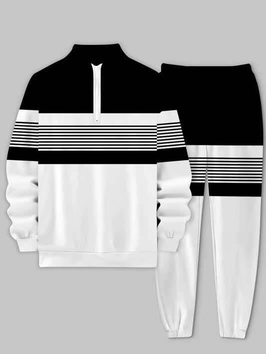 Men's Black Strip Printed Long Sleeve Stand Collar Zip-up Sweatshirt Two-Piece Set with Pants