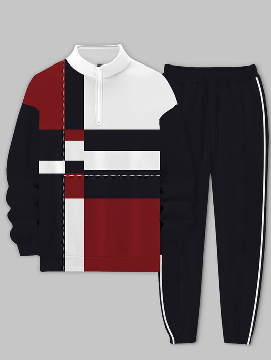 Men's Red Black Block Printed Long Sleeve Stand Collar Zip-up Sweatshirt Two-Piece Set