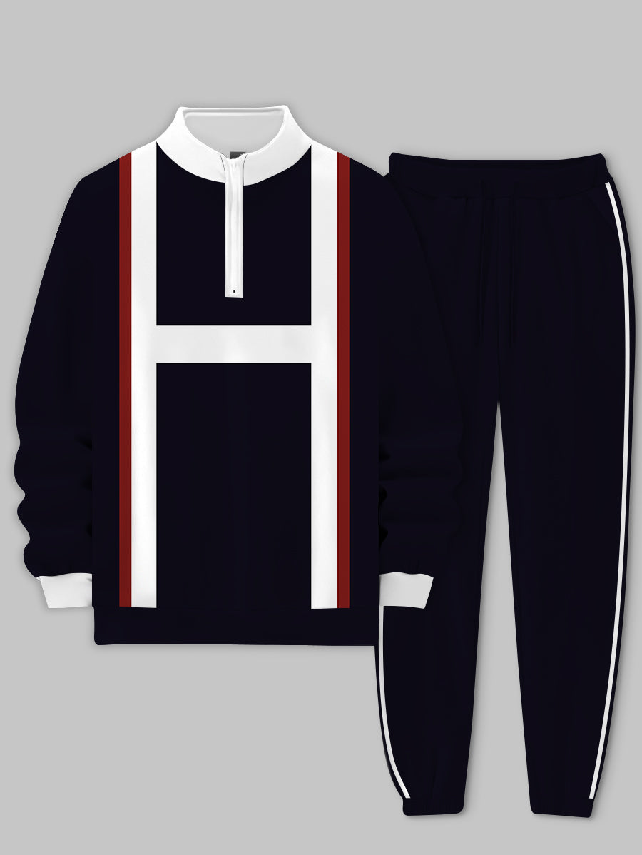 Men's H Shape Strip Printed Long Sleeve Crew-Neck Sweatshirt Two-Piece Set