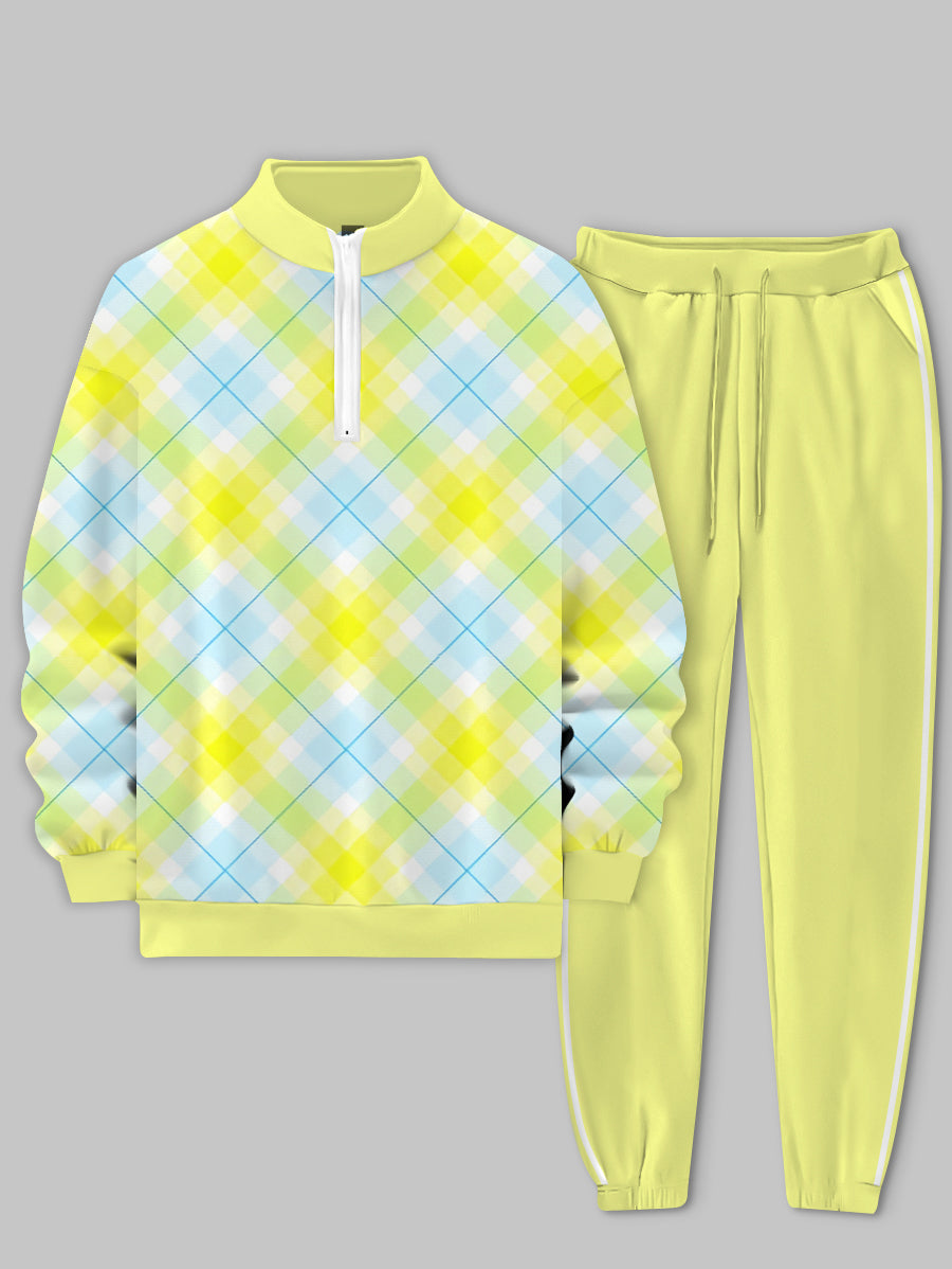 Men's Colored Yellow Strip Geometric Printed Long Sleeve Stand Collar Zip-up Sweatshirt Two-Piece Set