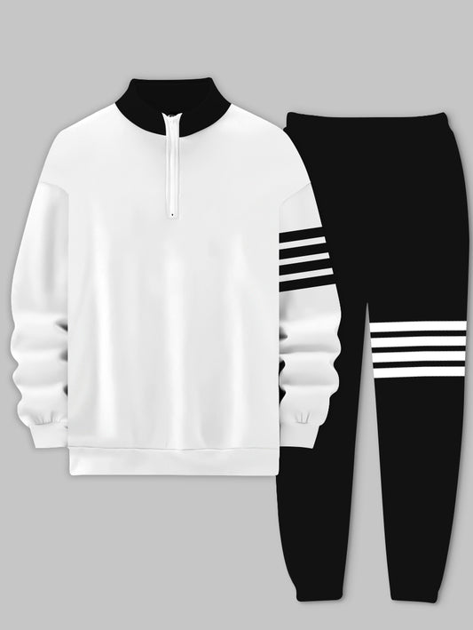 Black Strip Printed Long Sleeve Stand Collar Sweatshirt Two-Piece Set for Man