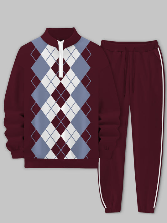 Men's Argyle Printed Sports Long Sleeve Stand Collar Zip-up Sweatshirt Two-Piece Set