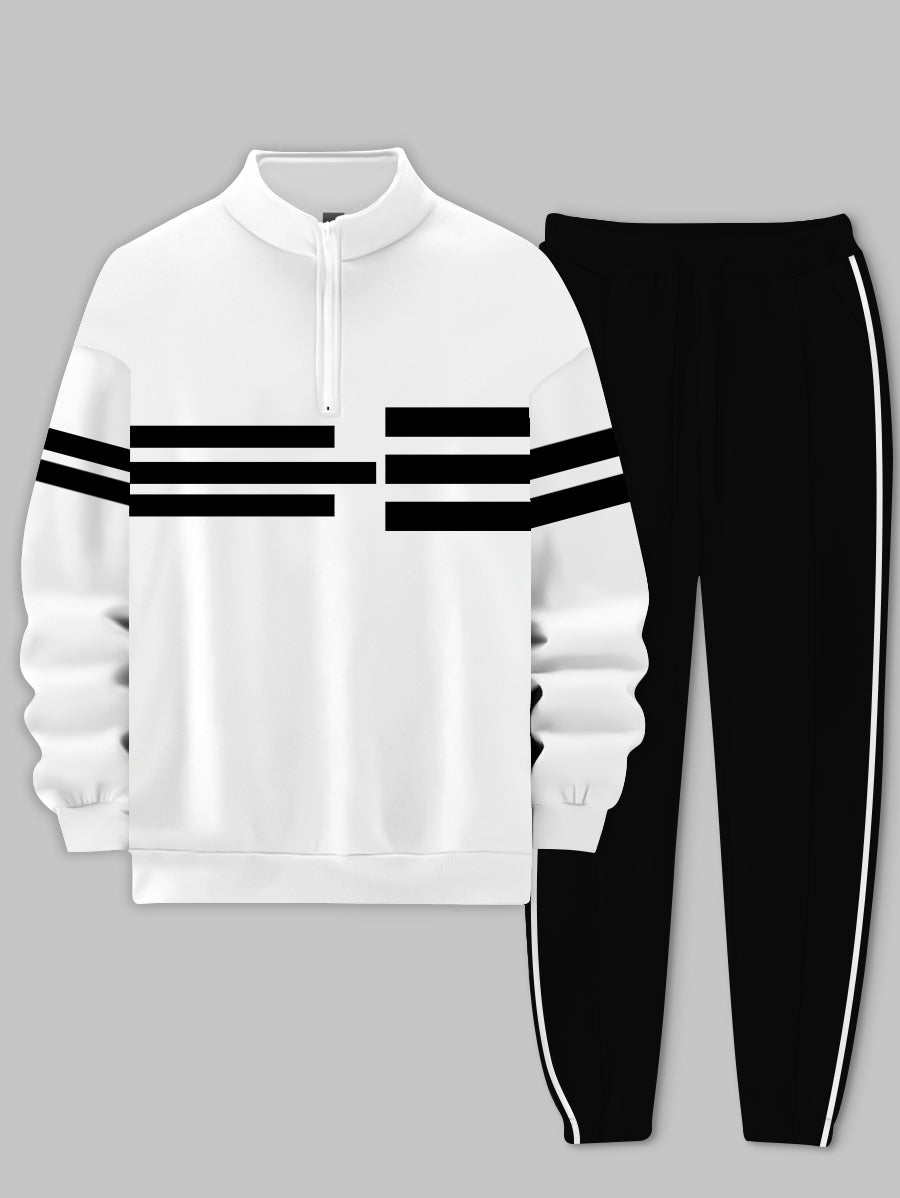 Men's Stand Collar Strip Printed Long Sleeve Sweatshirt Pants 2Pcs Set