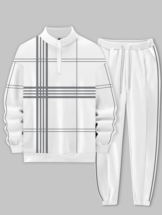 Men's Strip Printed Long Sleeve Stand Collar Zip-up  Hoodie Two-Piece Set White