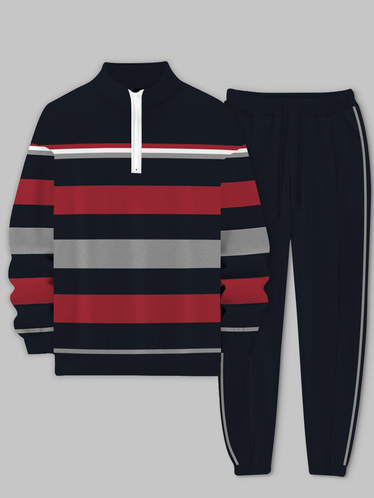 Contrast Color Geometric Red Printed Long Sleeve Stand Collar Zip-up Sweatshirt Two-Piece Set for Man