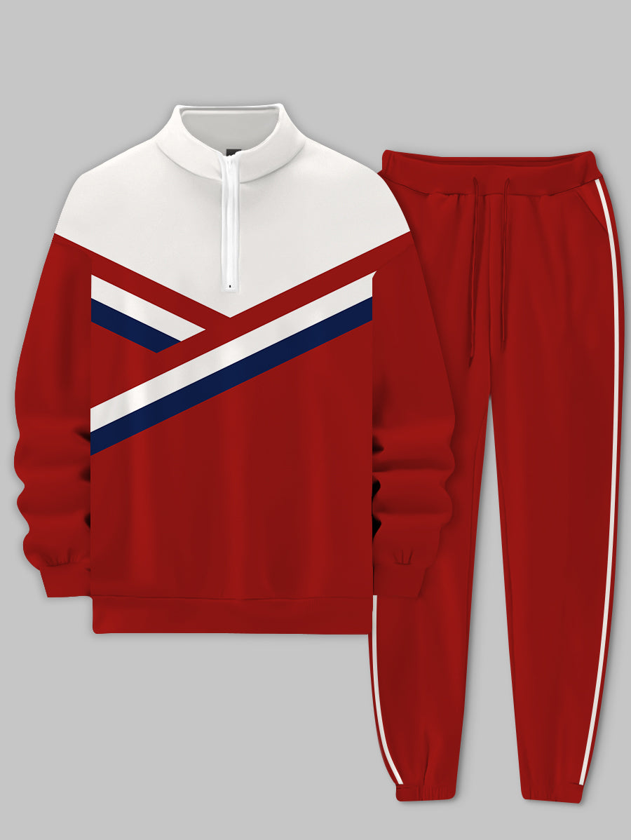 Men's Red Strip Printed Sports Long Sleeve Stand Collar Zip-up Sweatshirt Two-Piece Set