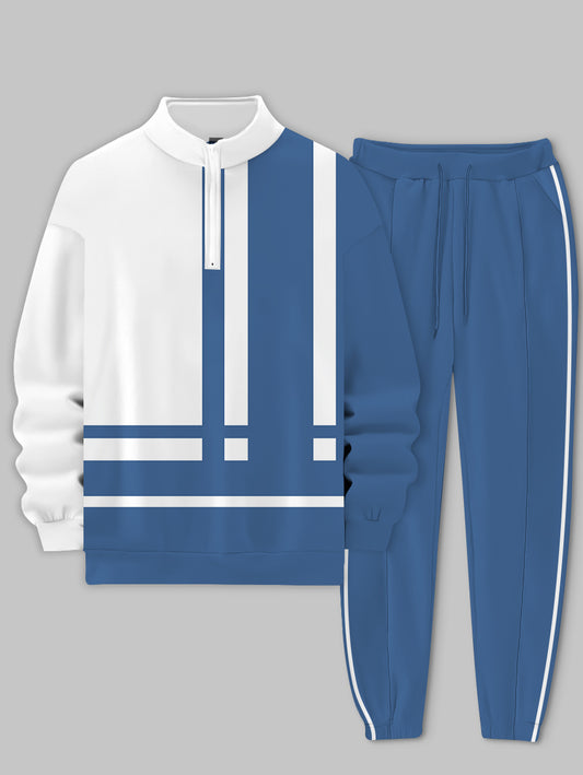 Men's Blue Strip Printed Long Sleeve Stand Collar Zip-up Sweatshirt Two-Piece Set