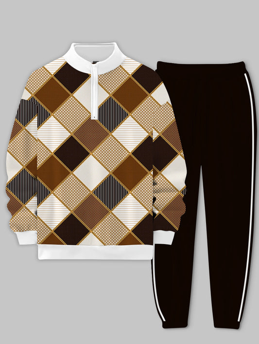 Argyle Printed Long Sleeve Stand Collar Zip-up Sweatshirt Two-Piece Set for Men