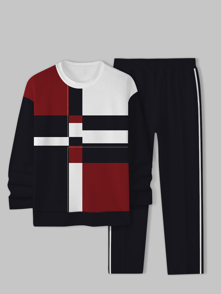 Men's Red Strip Block Printed Long Sleeve Crew-Neck Sweatshirt Two-Piece Set